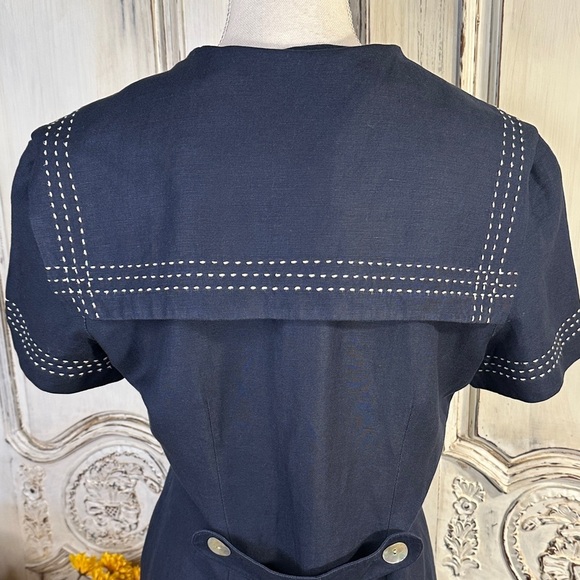 Cynthia Howie Navy Blue Linen Blend Sailor Dress with Shell Button Detail - Picture 7 of 8